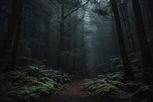 A dark forest path with ferns and trees photo
