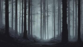 A dark forest with trees and fog photo