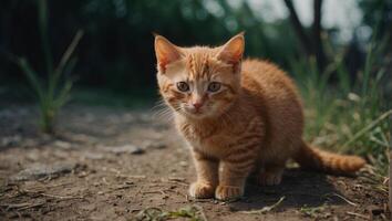 An orange tabby cat is standing on the ground photo