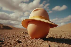 An egg with a hat on top of a desert photo