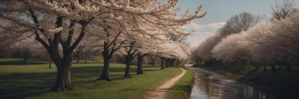 A path through a field with trees and a stream photo