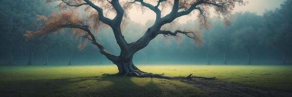 A lone tree in a foggy field photo