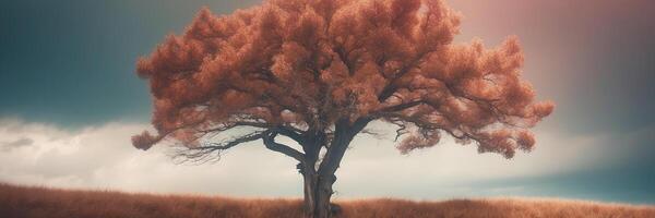 A tree in a field with a cloudy sky photo