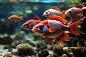 A group of red and white fish in an aquarium photo