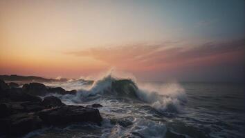 A sunset over the ocean with waves crashing into rocks photo