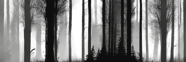 A black and white photo of a forest with trees