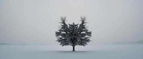 A lone tree stands in the middle of a snowy field photo