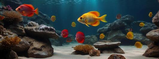 An underwater scene with many colorful fish photo