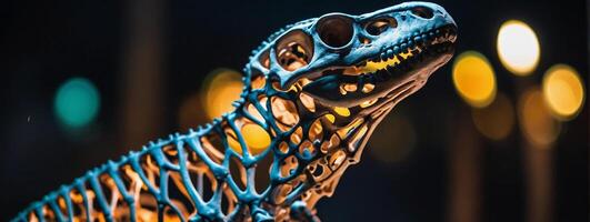 A dinosaur skeleton is shown in front of a lighted background photo