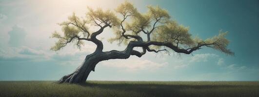 A tree in a field with the sun shining through photo
