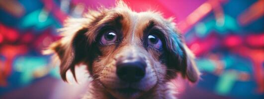 A dog looking up at the camera with a colorful background photo