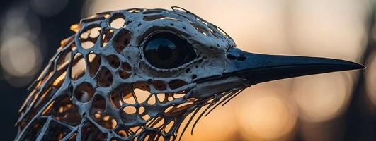 A close up of a bird's head with a net photo