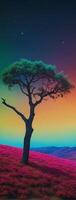 A tree stands alone in a field with a colorful sky photo