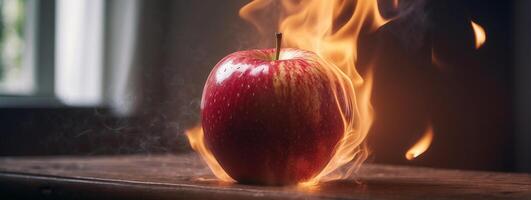 An apple is on fire with flames coming out of it photo