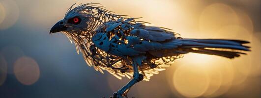 A bird made out of wire is standing on a branch photo