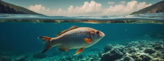 A fish swimming in the ocean with a blue sky photo