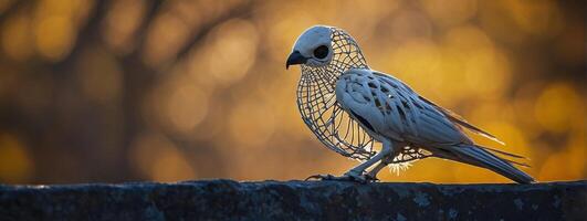 A bird is sitting on a rock with a net photo