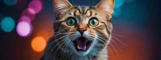 A cat with its mouth open and eyes wide open photo