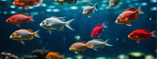 Many different colored fish swimming in an aquarium photo