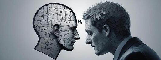 Two people are looking at each other with a puzzle piece in the middle photo