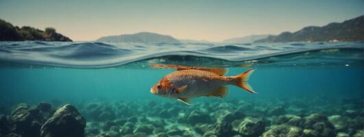A fish swimming in the ocean with rocks and water photo