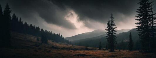 Dark stormy mountains with trees and grass photo