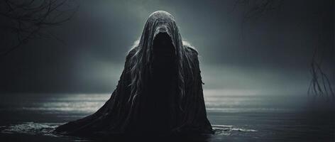 A dark figure in a hood standing in the water photo