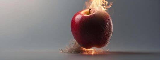 A burning apple on a table with a flame photo