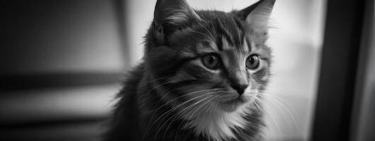 A black and white photo of a cat looking out the window