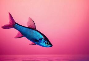 A fish is floating in the water with a pink background photo