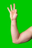 A close-up of a hand displaying a three-finger gesture against a bright green background photo