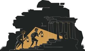 Adventurers Exploring Ancient Ruins with Lanterns Illustration vector