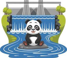 Adorable Panda Sitting on Rock by Waterfall with Dam and Trees Illustration vector