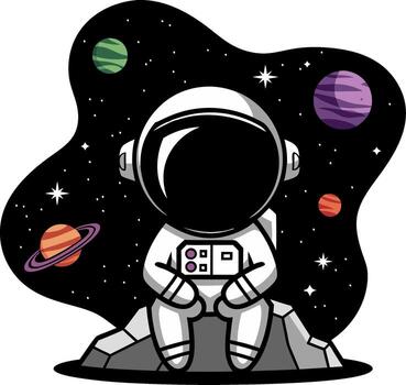 Astronaut Sitting on Moon with Colorful Planets in Outer Space vector