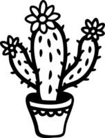 Black and White Potted Cactus with Flowers Illustration for Coloring and Design vector