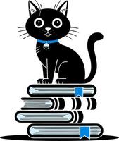 Black Cat Sitting on Stack of Books Illustration for Education and Reading Themes vector