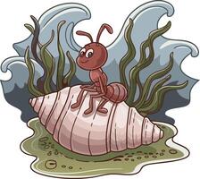 Cartoon Ant Relaxing on Seashell with Ocean Waves and Seaweed Art vector