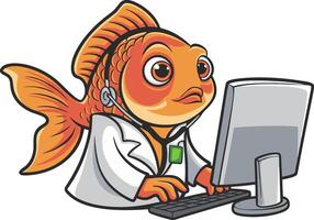 Cartoon Goldfish Office Worker in Headset at Computer Desk Illustration vector