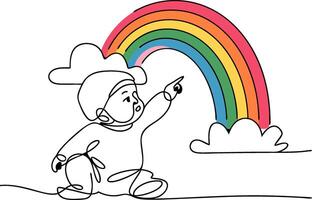 A coloring page with a boy pointing at a rainbow vector