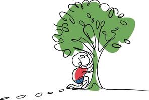 Continuous Line Art Person Sitting Under Tree with Path Solitude and Reflection vector