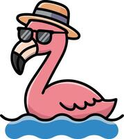 Cool Flamingo Wearing Hat and Sunglasses in Water Summer Fun Art vector