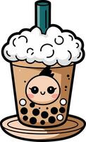 Cute Cartoon Bubble Tea with Smiling Face and Whipped Cream Topping vector