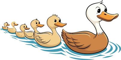Cute Cartoon Duck Family Swimming in a Row on Blue Water Illustration vector