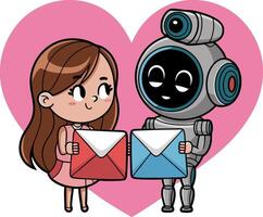 Cute Cartoon Robot and Girl with Love Envelopes in Heart Shape Background vector