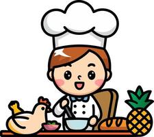 Cute Chef Character Cooking with Pineapple Bread and Chicken Illustration vector