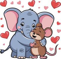 Cute Elephant and Mouse Hugging with Hearts Illustration for Children's Art vector