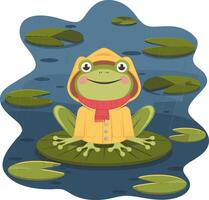 Cute Frog in Rain Gear Sitting on Lily Pad in a Pond Illustration vector
