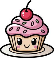 Cute Kawaii Cupcake with Cherry Frosting Illustration vector