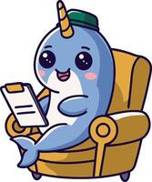 Cute Narwhal Character Relaxing on Armchair with Notepad for Kids Illustrations vector