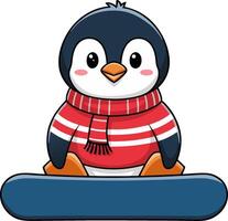 Cute Penguin in Red Scarf on Snowboard Cartoon Art vector